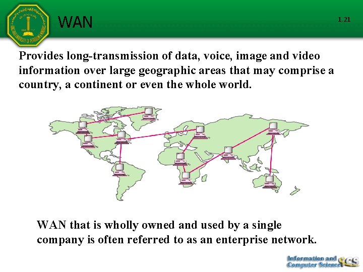 WAN Provides long-transmission of data, voice, image and video information over large geographic areas