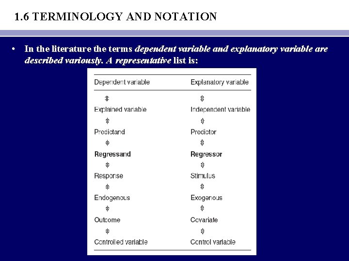 1. 6 TERMINOLOGY AND NOTATION • In the literature the terms dependent variable and