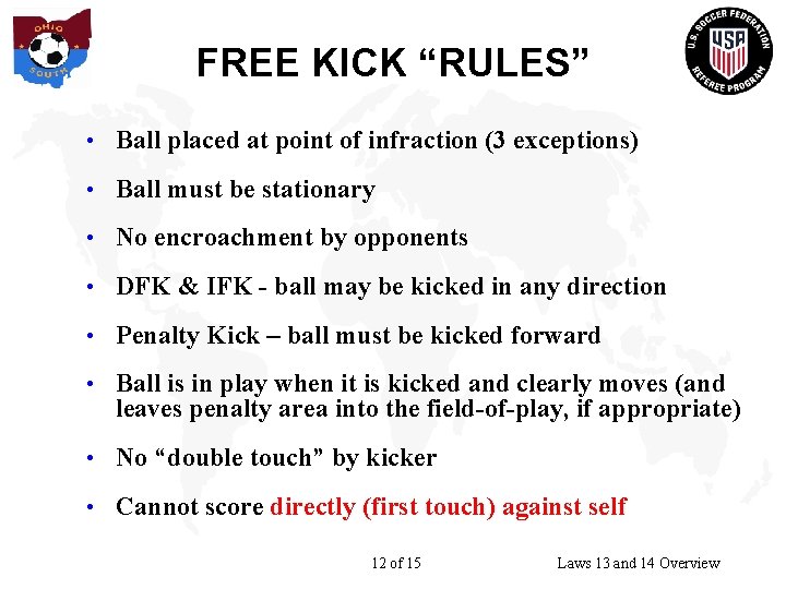 FREE KICK “RULES” • Ball placed at point of infraction (3 exceptions) • Ball