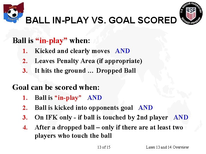 BALL IN-PLAY VS. GOAL SCORED Ball is “in-play” when: 1. 2. 3. Kicked and