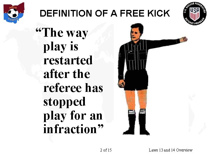 DEFINITION OF A FREE KICK “The way play is restarted after the referee has