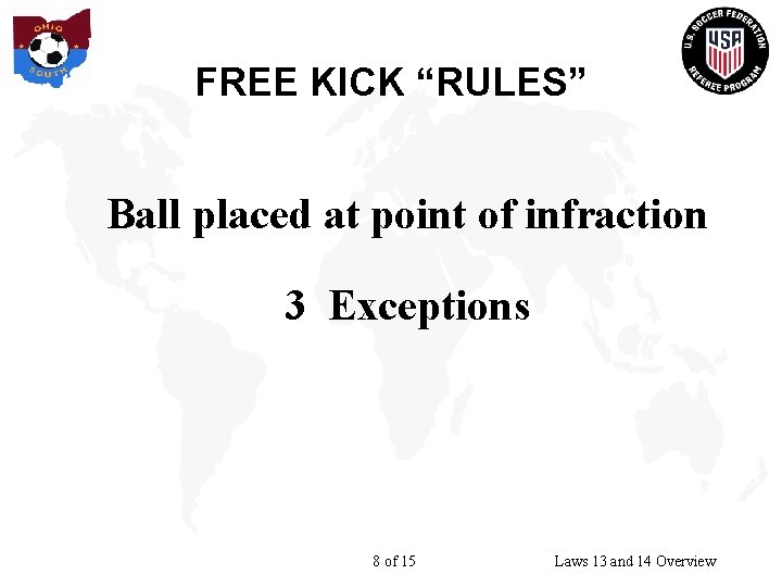 FREE KICK “RULES” Ball placed at point of infraction 3 Exceptions 8 of 15