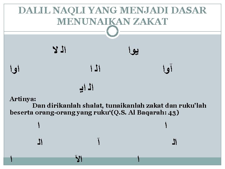 DALIL NAQLI YANG MENJADI DASAR MENUNAIKAN ZAKAT ﺍﻟ ﻻ ﻳﻭﺍ ﺍﻟ ﺍ آﻭﺍ ﺍﻟ