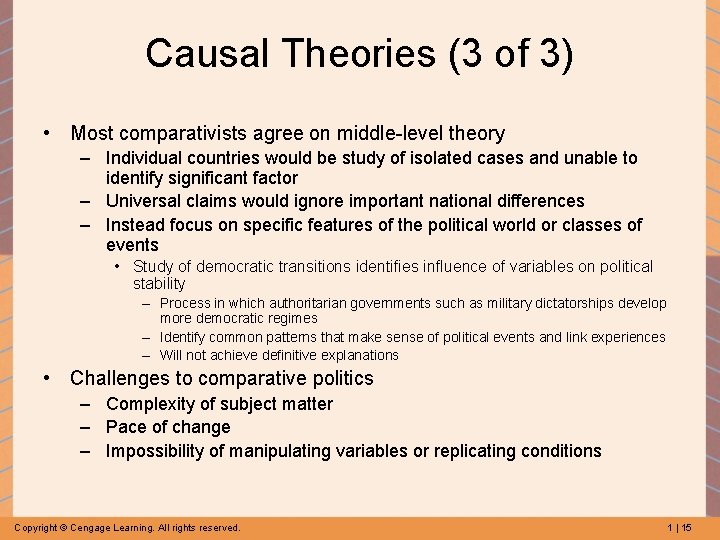 Causal Theories (3 of 3) • Most comparativists agree on middle-level theory – Individual