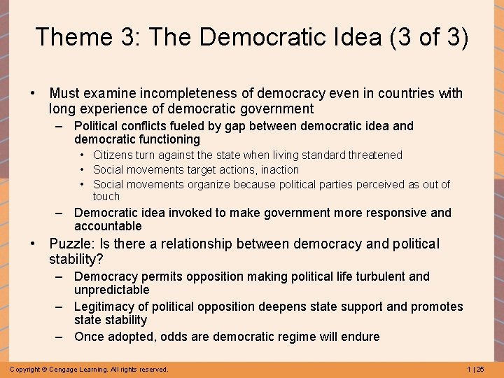 Theme 3: The Democratic Idea (3 of 3) • Must examine incompleteness of democracy