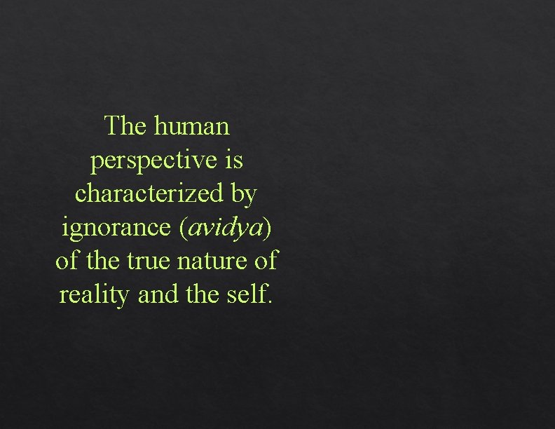 The human perspective is characterized by ignorance (avidya) of the true nature of reality The human perspective is characterized by ignorance (avidya) of the true nature of reality