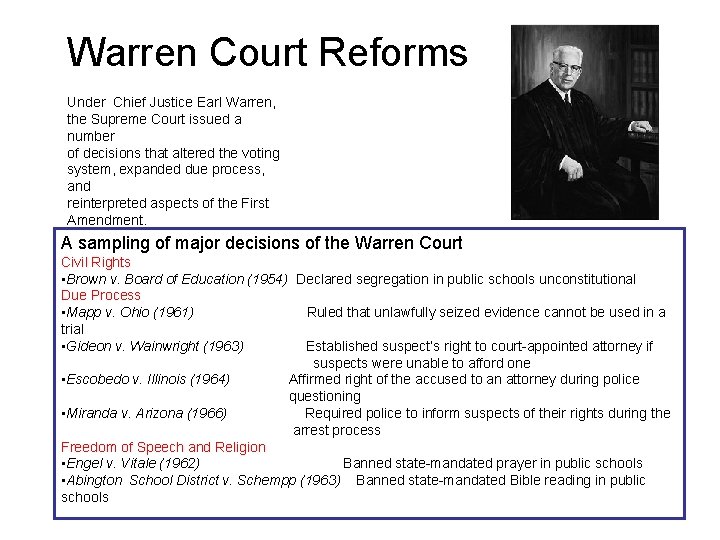 Warren Court Reforms Under Chief Justice Earl Warren, the Supreme Court issued a number