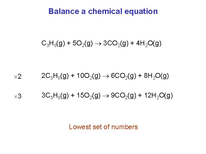 Balance a chemical equation C 3 H 8(g) + 5 O 2(g) 3 CO