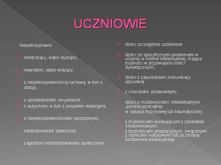 UCZNIOWIE Niepełnosprawni: � niesłyszący, słabo słyszący, � niewidomi, słabo widzący, � � dzieci szczególnie