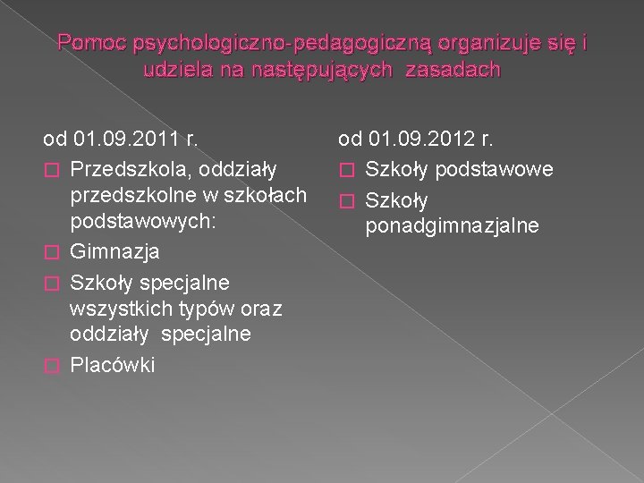 Pomoc psychologiczno-pedagogiczną organizuje się i udziela na następujących zasadach od 01. 09. 2011 r.