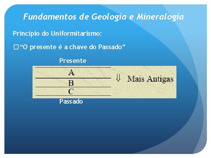 Fundamentos de Geologia e Mineralogia Princípio do Uniformitarismo: �“O presente é a chave do