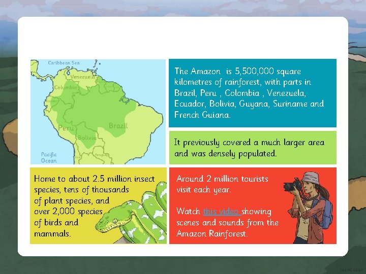 The Amazon is 5, 500, 000 square kilometres of rainforest, with parts in Brazil,