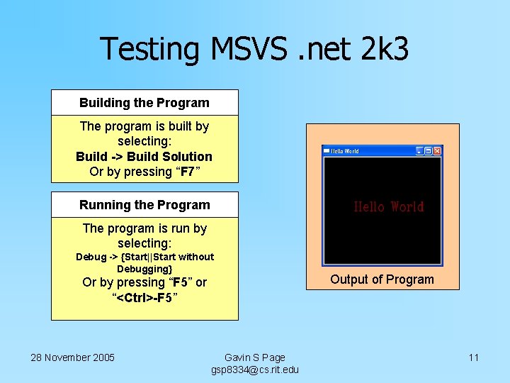 Testing MSVS. net 2 k 3 Building the Program The program is built by