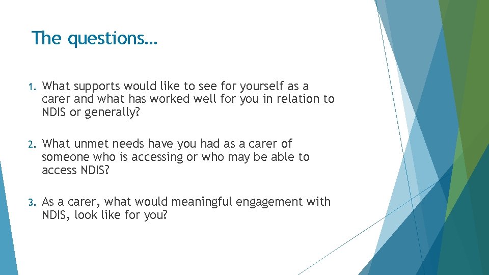 The questions… 1. What supports would like to see for yourself as a carer