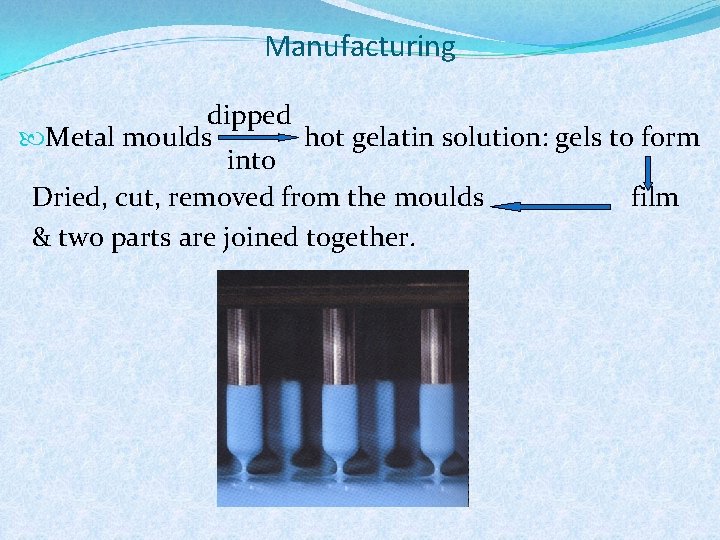 Manufacturing dipped Metal moulds hot gelatin solution: gels to form into Dried, cut, removed