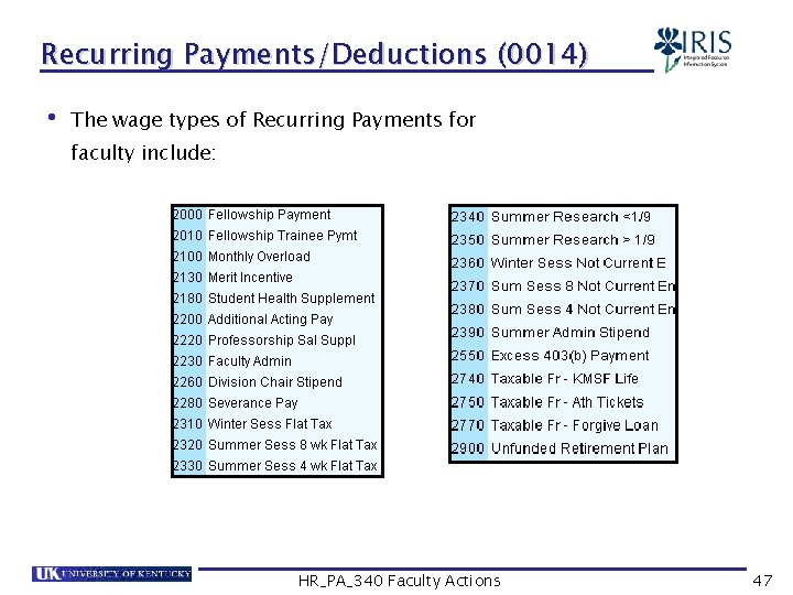 Recurring Payments/Deductions (0014) • The wage types of Recurring Payments for faculty include: HR_PA_340
