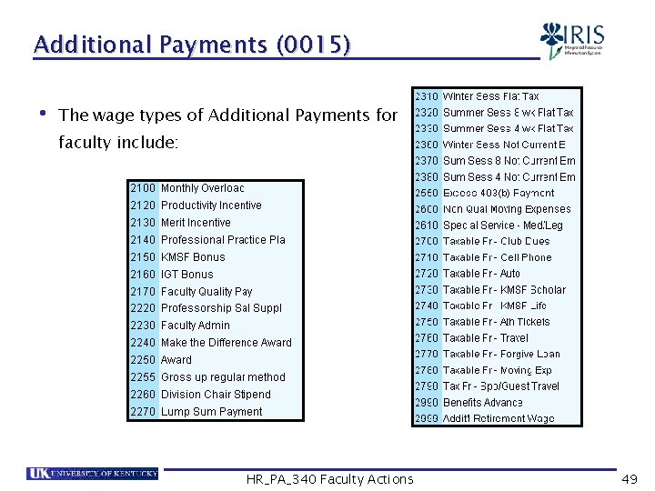 Additional Payments (0015) • The wage types of Additional Payments for faculty include: HR_PA_340