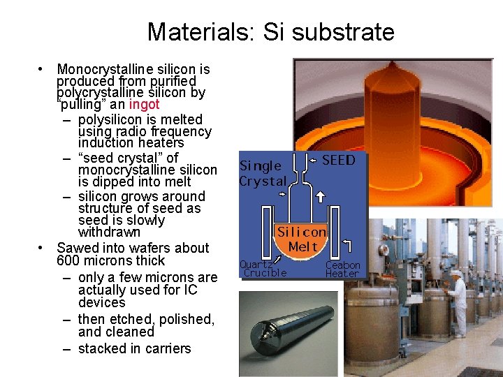 Materials: Si substrate • Monocrystalline silicon is produced from purified polycrystalline silicon by “pulling”