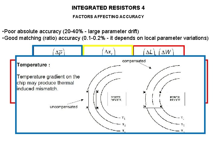 INTEGRATED RESISTORS 4 FACTORS AFFECTING ACCURACY • Poor absolute accuracy (20 -40% - large