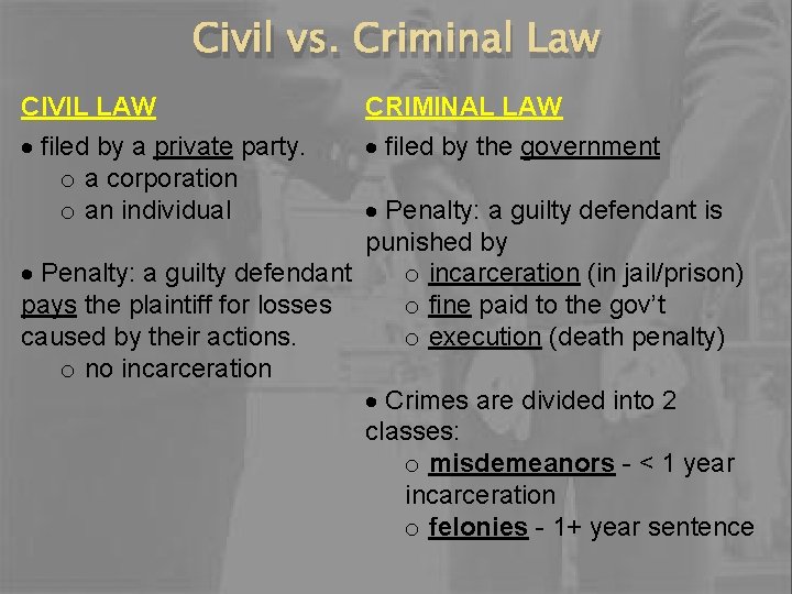 Civil vs. Criminal Law CIVIL LAW CRIMINAL LAW filed by a private party. o