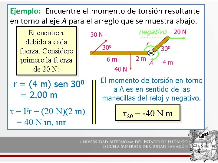 Ejemplo: Encuentre el momento de torsión resultante en torno al eje A para el