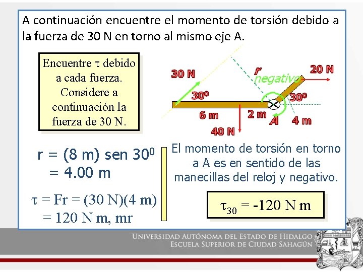 A continuación encuentre el momento de torsión debido a la fuerza de 30 N