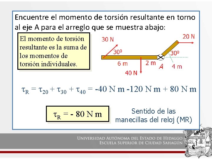 Encuentre el momento de torsión resultante en torno al eje A para el arreglo