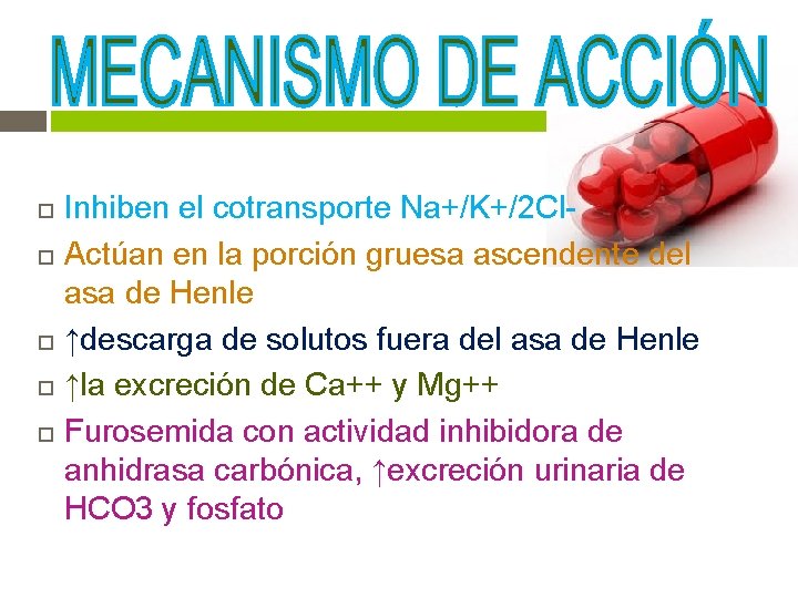 Inhiben el cotransporte Na+/K+/2 Cl. Actúan en la porción gruesa ascendente del asa Inhiben el cotransporte Na+/K+/2 Cl. Actúan en la porción gruesa ascendente del asa