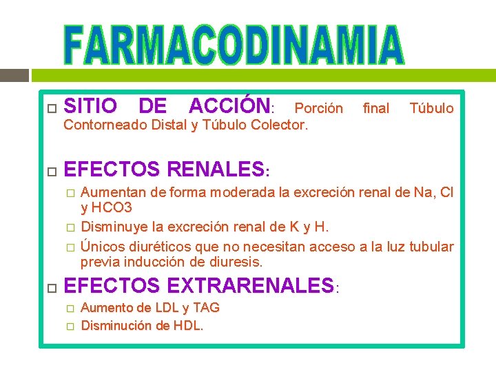 SITIO DE ACCIÓN: EFECTOS RENALES: Porción Contorneado Distal y Túbulo Colector. final Túbulo SITIO DE ACCIÓN: EFECTOS RENALES: Porción Contorneado Distal y Túbulo Colector. final Túbulo