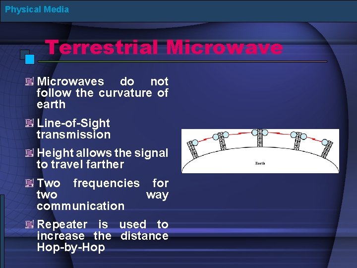 Physical Media Terrestrial Microwaves do not follow the curvature of earth Line-of-Sight transmission Height