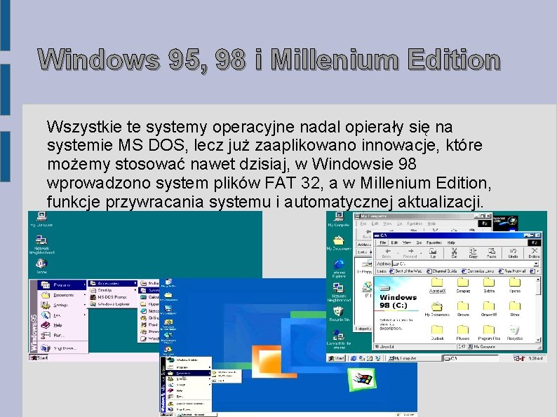 Windows 95, 98 i Millenium Edition Wszystkie te systemy operacyjne nadal opierały się na Windows 95, 98 i Millenium Edition Wszystkie te systemy operacyjne nadal opierały się na