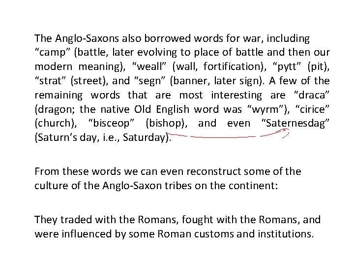 The Anglo-Saxons also borrowed words for war, including “camp” (battle, later evolving to place