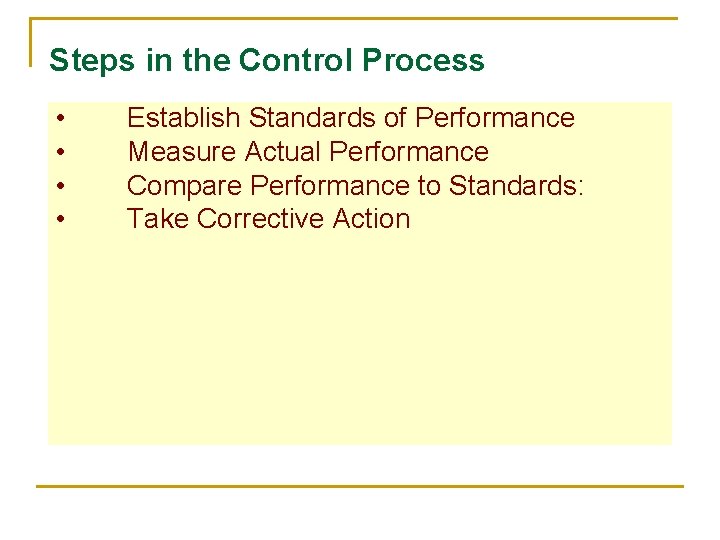 Steps in the Control Process • • Establish Standards of Performance Measure Actual Performance