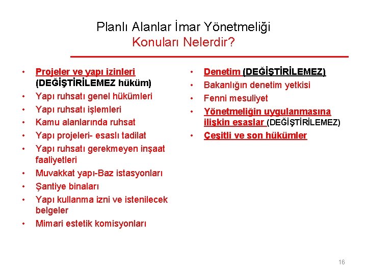 Planlı Alanlar İmar Yönetmeliği Konuları Nelerdir? • • • Projeler ve yapı izinleri (DEĞİŞTİRİLEMEZ