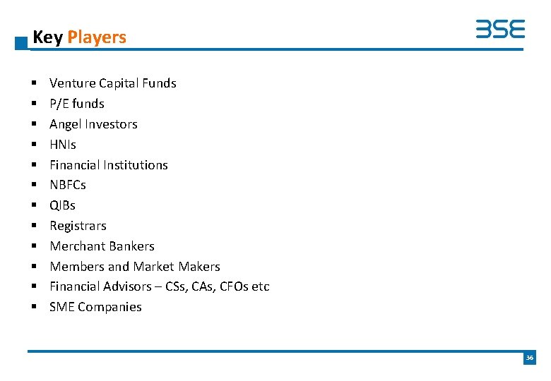 Key Players § § § Venture Capital Funds P/E funds Angel Investors HNIs Financial