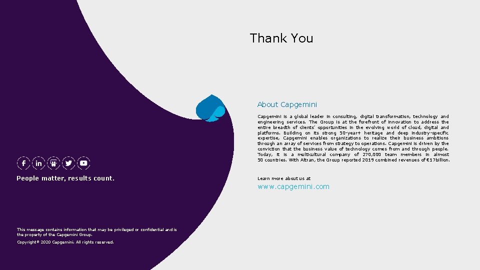 Thank You About Capgemini is a global leader in consulting, digital transformation, technology and