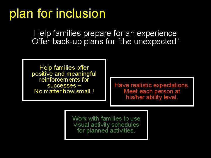 plan for inclusion Help families prepare for an experience Offer back-up plans for “the