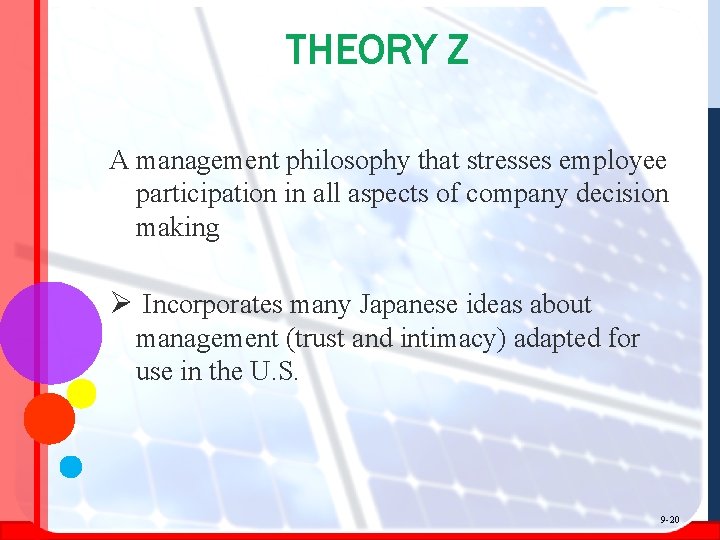 THEORY Z A management philosophy that stresses employee participation in all aspects of company