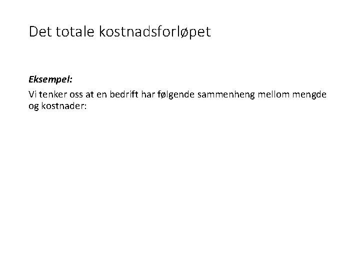 Det totale kostnadsforløpet Eksempel: Vi tenker oss at en bedrift har følgende sammenheng mellom