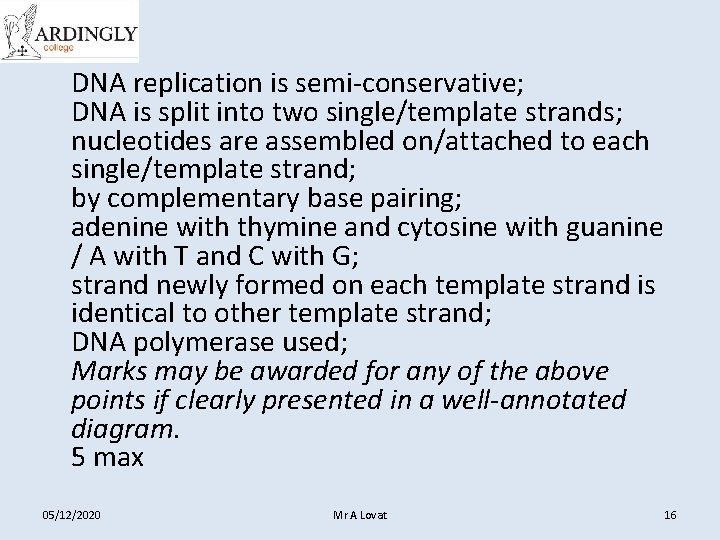 DNA replication is semi-conservative; DNA is split into two single/template strands; nucleotides are assembled