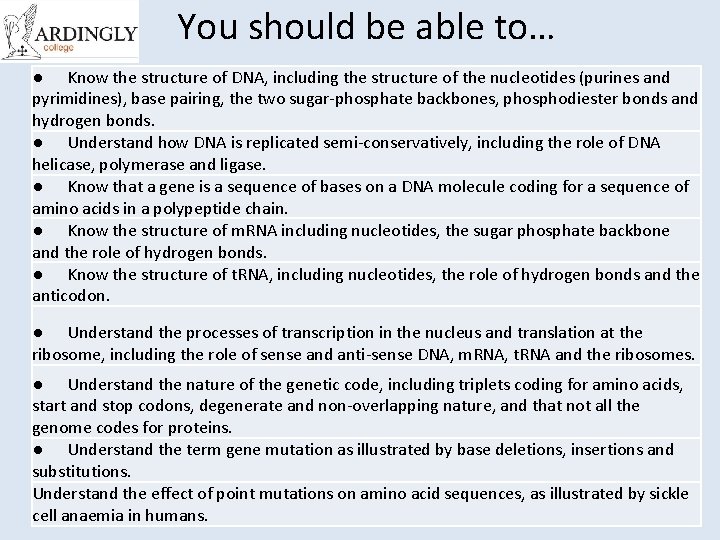 You should be able to… ● Know the structure of DNA, including the structure