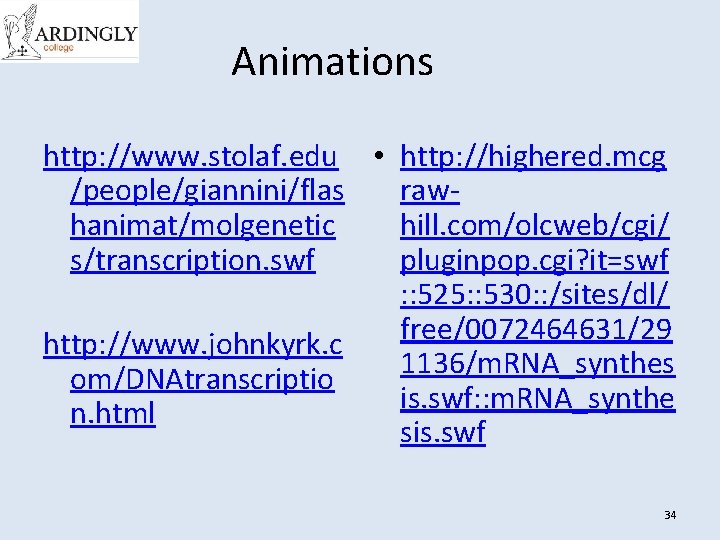 Animations http: //www. stolaf. edu • http: //highered. mcg /people/giannini/flas rawhanimat/molgenetic hill. com/olcweb/cgi/ s/transcription.