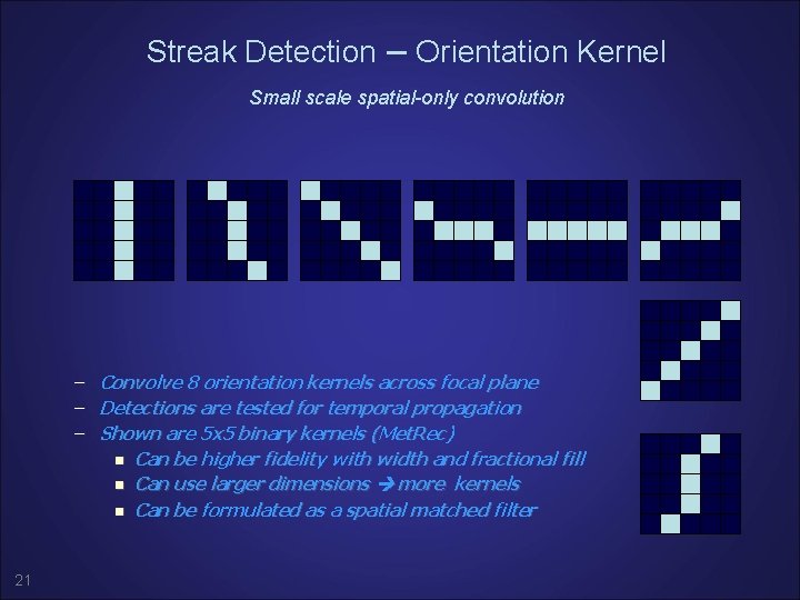 Streak Detection – Orientation Kernel Small scale spatial-only convolution – – – 21 Convolve Streak Detection – Orientation Kernel Small scale spatial-only convolution – – – 21 Convolve