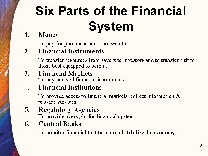 1. Six Parts of the Financial System Money To pay for purchases and store