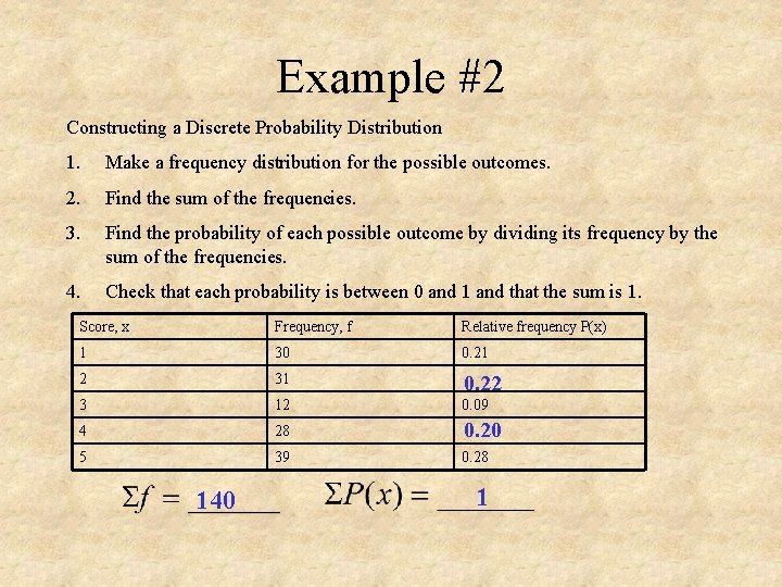 Example #2 Constructing a Discrete Probability Distribution 1. Make a frequency distribution for the