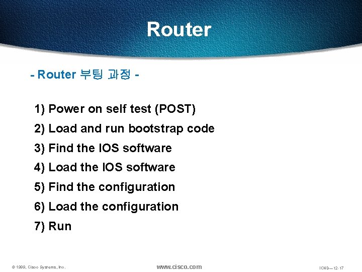 Router - Router 부팅 과정 - 1) Power on self test (POST) 2) Load Router - Router 부팅 과정 - 1) Power on self test (POST) 2) Load