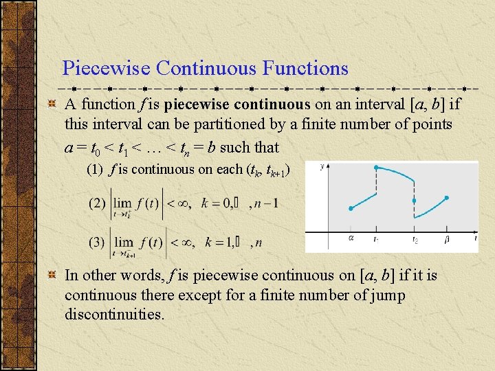 Piecewise Continuous Functions A function f is piecewise continuous on an interval [a, b]