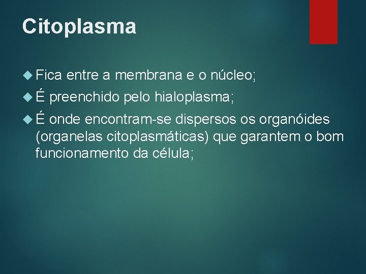 Citoplasma Fica É É entre a membrana e o núcleo; preenchido pelo hialoplasma; onde