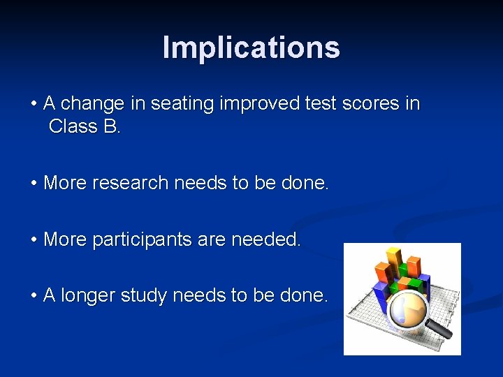 Implications • A change in seating improved test scores in Class B. • More