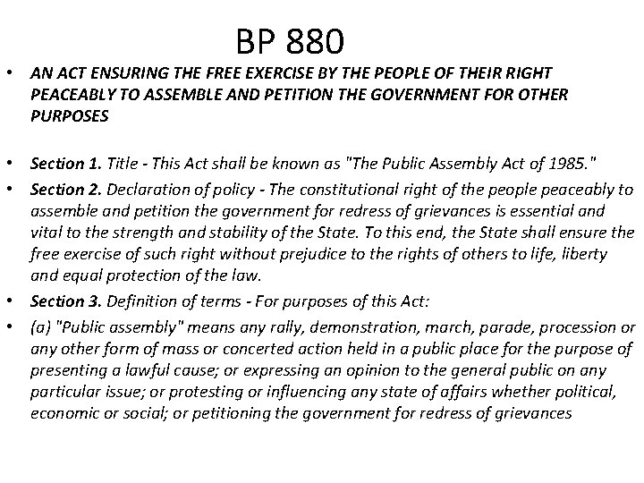 BP 880 • AN ACT ENSURING THE FREE EXERCISE BY THE PEOPLE OF THEIR